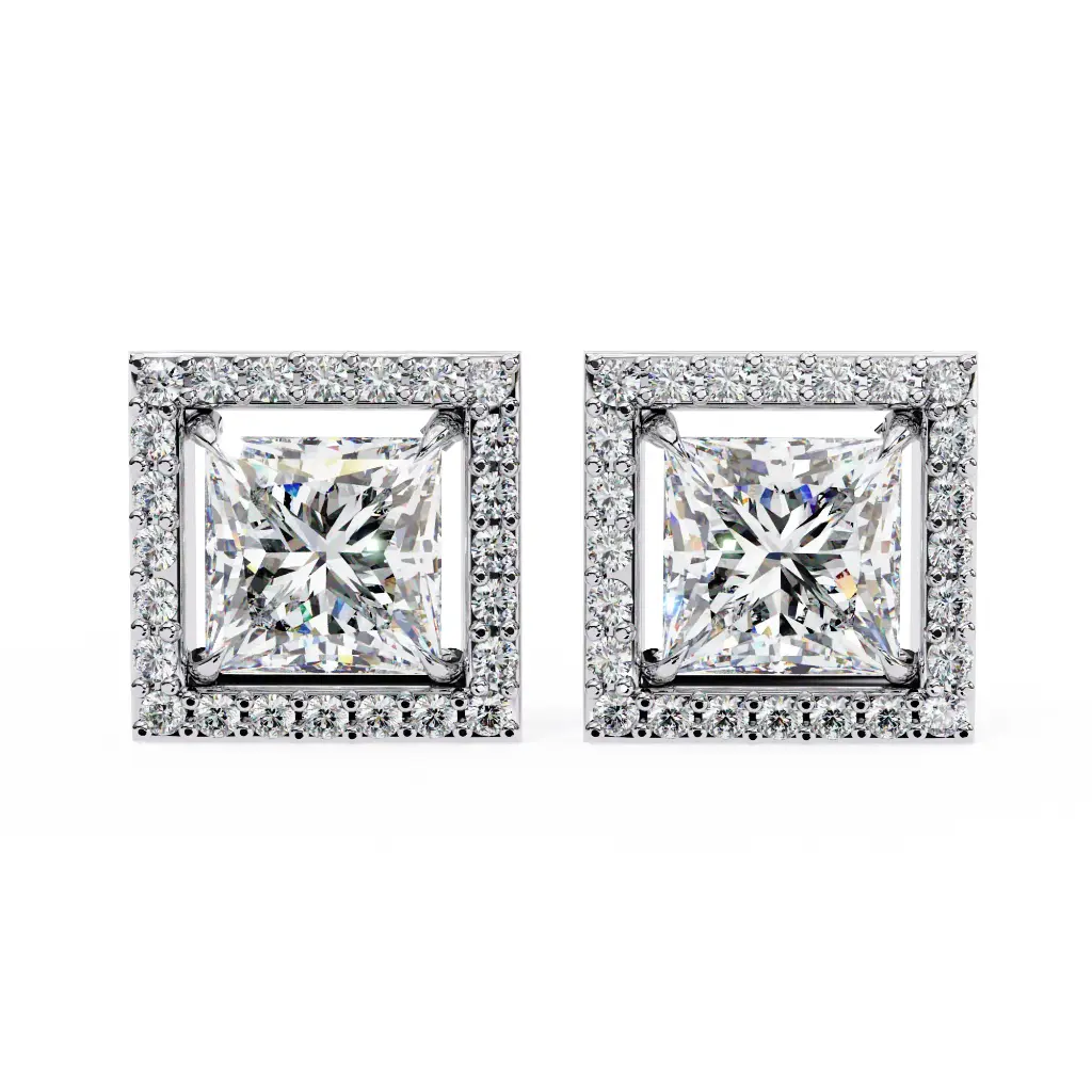 Classic Halo Princess Cut Diamond Earrings 