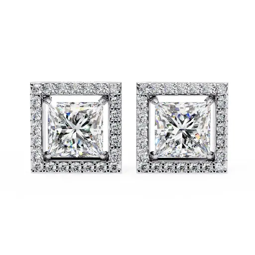 Classic Halo Princess Cut Diamond Earrings 